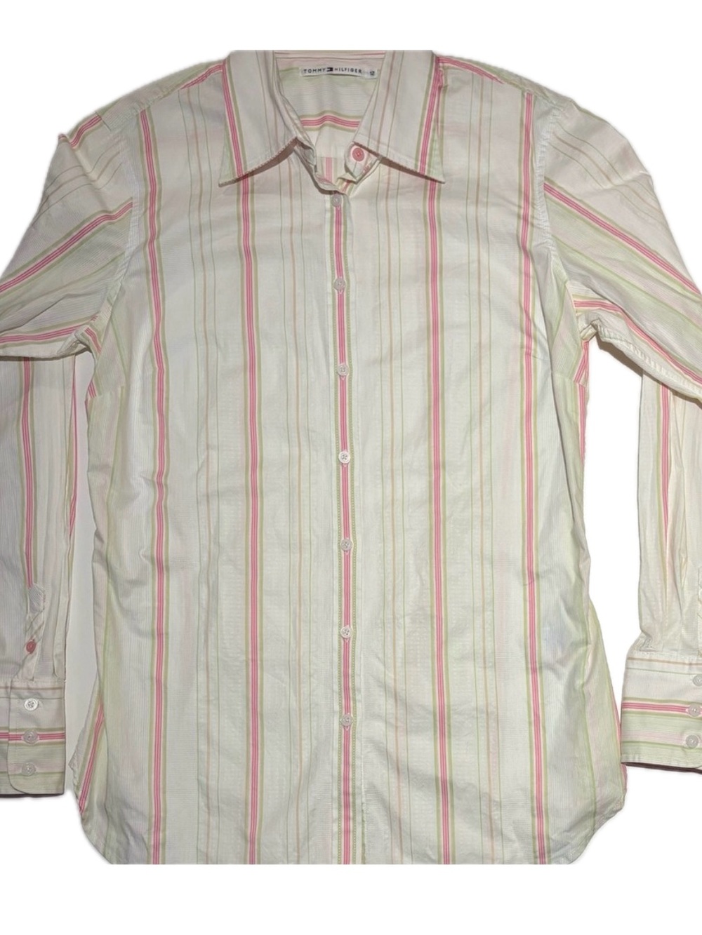Tommy Hilfiger Striped Button Down Shirt Long Sleeve Pink Green White Size 12